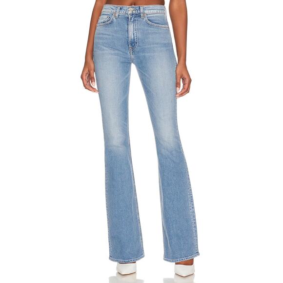 GRLFRND High Stretch Flare Jeans SIZE 24 Long Faded Light Button Fly $225 NEW - Picture 1 of 10